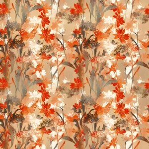 May include: A repeating pattern featuring stylized flowers and butterflies in shades of orange, white, and gray against a tan background. The design has a watercolor effect, creating a soft, artistic look. The floral elements include various shapes and sizes.