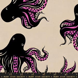 May include: A repeating pattern featuring black octopuses with pink tentacles on a beige background. The octopuses have white crescent-shaped eyes. The text "RUBY STAR SOCIETY" is printed at the bottom of the image.