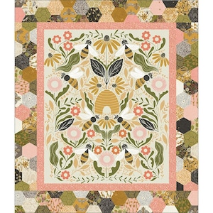 May include: A quilt pattern featuring a beehive surrounded by bees, flowers, and leaves. The pattern is set against a light green background and framed by a border of pink and green hexagons.