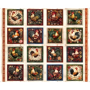 May include: A fabric panel featuring a grid of sixteen square illustrations of roosters surrounded by colorful floral patterns. Each rooster is depicted in a different pose and color scheme, set against dark backgrounds, framed by a light wood-grain border.