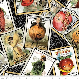 Op de afbeelding: Een verzameling vintage zaadzakjes met Halloween-thema illustraties. De zakjes bevatten afbeeldingen van pompoenen, appels, uien en andere groenten met griezelige gezichten. De zakjes zijn gedrukt op een zwarte achtergrond met een spinnenwebpatroon.