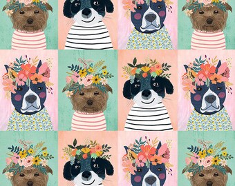 Floral Puppies by Mia Charro PWMC044.XMULTI | Smaller Squares | 6 Rows approximately 18 inches