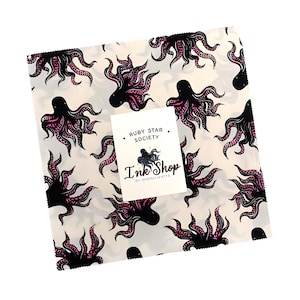 May include: A stack of fabric squares with a repeating pattern of black octopuses with pink tentacles on a cream background. A white tag with the text "RUBY STAR SOCIETY" and "Ink Shop" is in the center.