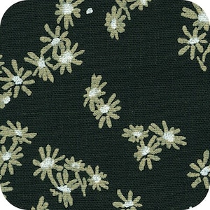 May include: Black fabric with a white floral pattern. The flowers are stylized and have a slightly faded look.