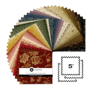 May include: A collection of fabric squares in various colors, arranged in a fan shape. The fabrics feature floral and patterned designs. A label reads "andover" and a diagram shows a 5-inch square.