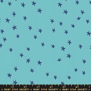 Könnte beinhalten: Ein Stoff mit hellblauem Hintergrund und verstreuten dunkelblauen Sternen. Die Sterne sind handgezeichnet und erzeugen ein verspieltes Muster. Am unteren Rand steht "RUBY STAR SOCIETY".