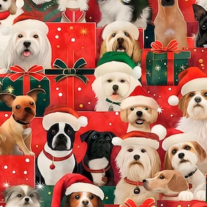 Puede incluir: Un patrón festivo con varias razas de perros con gorros de Papá Noel, rodeados de regalos rojos y verdes con lazos. Los perros tienen diferentes colores de pelaje y expresiones, creando un tema alegre y navideño.