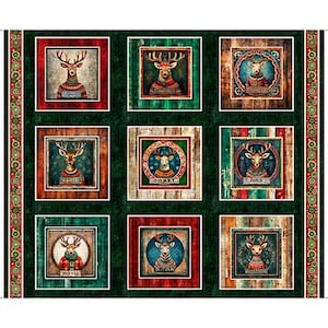 May include: A green fabric with a repeating pattern of nine framed images of reindeer with different names. Each reindeer is wearing a different colored sweater and has a different colored background.
