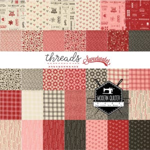 May include: A collection of 24 fabric squares featuring various patterns in red, pink, brown, and white. The patterns include hearts, polka dots, plaid, and geometric designs. The fabric squares are arranged in a grid pattern and are labeled "threads Sweetwater".