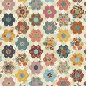 May include: A patterned fabric with a repeating floral design. The pattern features hexagon shapes with floral and patterned details in shades of blue, pink, yellow, and brown. The background is a light beige colour.