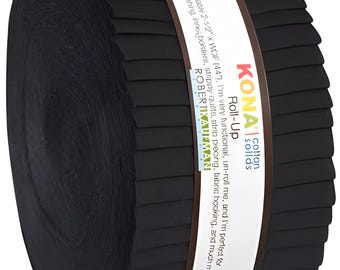 May include: A roll of black Kona Cotton Solids fabric. The fabric is wrapped with a brown and white label that reads "KONA Roll-Up Cotton Solids" and includes text about the fabric's uses. The fabric is suitable for quilting and sewing projects.