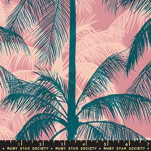 May include: A fabric with a tropical palm tree pattern. The design features teal and white palm fronds against a pink background. The text "RUBY STAR SOCIETY" is printed at the bottom.
