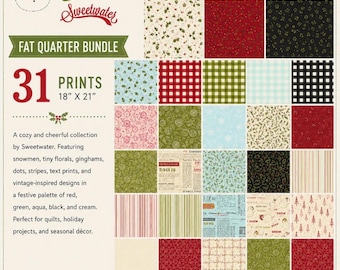 May include: A fat quarter bundle of 31 cotton fabric prints by Emmitt and Ivy Sweetwater. The collection features 18 inch by 21 inch sheets with patterns including snowmen, florals, ginghams, dots, stripes, and text in red, green, aqua, black, and cream.
