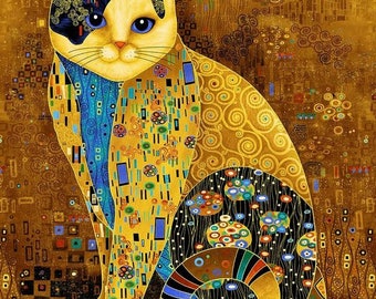 Golden Bejeweled Cat Panel by Chong-A-Whang for Timeless Treasures | CM1880 Gold | Approximately 24"