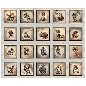 May include: A grid of twenty square framed prints arranged in four rows and five columns. Each frame contains a unique, stylised illustration of an animal or creature in muted earth tones, featuring varied textures and artistic line work.