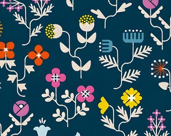Floral Linen Canvas Salutations in Navy RS1098 19L by Ruby Star | Priced by the Half Yard