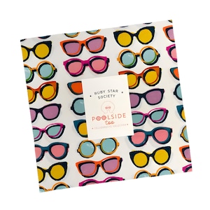 May include: A fabric square featuring a repeating pattern of colorful sunglasses in various styles and colors, including yellow, orange, pink, and blue, on a white background. The text "Ruby Star Society" and "Poolside too" is printed on a white label.