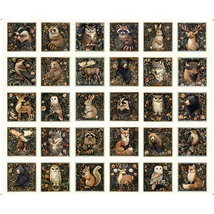 May include: A fabric panel featuring a grid of 25 squares, each showcasing a different woodland animal illustration. The animals, including owls, deer, and bears, are set against a dark floral background.