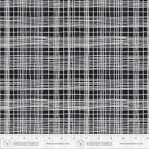 May include: Black and white fabric with a grid pattern. The design features a dark background with a series of white, hand-drawn lines forming a plaid-like pattern. The fabric is measured in inches along the bottom edge.