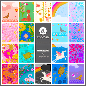 Pode incluir: Uma coleção de quadrados de tecido coloridos com vários desenhos, incluindo pássaros, flores, tartarugas e arco-íris. O painel central diz "andover" e "Menagerie by Alison Glass."