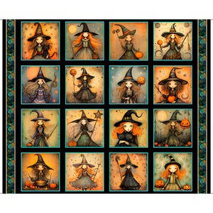 Puede incluir: Un panel de tela con 12 ilustraciones de brujas en un estilo vintage. Cada bruja lleva un sombrero negro y sostiene objetos como calabazas y estrellas. La obra de arte tiene un borde negro con detalles turquesa.
