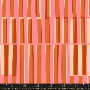 May include: A vibrant fabric design featuring vertical stripes in shades of orange, peach, and white against a pink background. The pattern is a repeating design with a modern, abstract aesthetic. The text "RUBY STAR SOCIETY" is at the bottom.