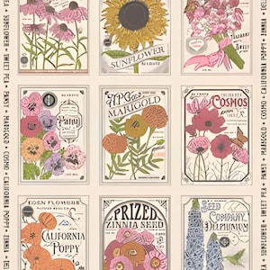May include: Nine vintage-style seed packet illustrations featuring various flowers like sunflowers, poppies, and zinnias. Each packet has a unique design with botanical drawings and text, including "Sunflower" and "California Poppy."