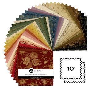 May include: A collection of Andover Fabrics 10" fabric squares in a variety of colors and floral patterns. The squares are arranged in a fan shape, showcasing the different designs. A label with the Andover logo and text is visible.