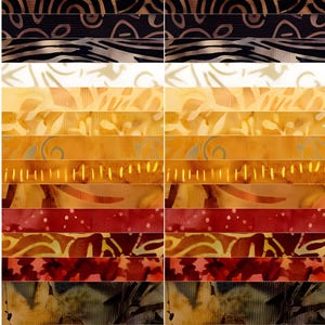 May include: A fabric swatch display featuring various patterned cotton fabrics in shades of green, brown, and yellow. The fabrics have abstract designs and are labeled "Tonga Treats" and "Timeless Treasures". Each fabric strip is approximately 2.5 inches wide.