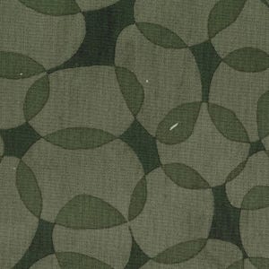 May include: A textile fabric featuring a repeating pattern of overlapping circular shapes in varying shades of olive green and dark forest green. The design creates a translucent, layered effect where the circles intersect, forming darker green areas.