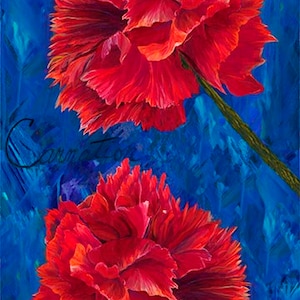 May include: A vibrant floral painting featuring two large, red flowers against a textured blue background. The artwork, measuring 24" x 43", showcases detailed petals and green stems, creating a striking contrast. The bold colors and brushstrokes give the piece a dynamic feel.