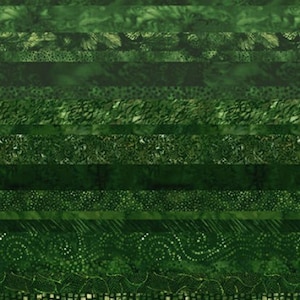 May include: A green fabric with a variety of patterns, including stripes, dots, and floral designs. The fabric is made up of multiple strips of different patterns sewn together.