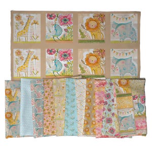 May include: A collection of fabric panels and strips featuring repeating illustrations of giraffes, blue birds, lions, and elephants. The designs include floral motifs, bunting flags, and geometric patterns in shades of yellow, pink, blue, and tan, arranged in a grid and as vertical fabric swatches.