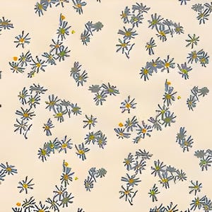 May include: An abstract pattern of small, stylized flowers scattered across a cream-colored background. The flowers have gray petals, yellow centers, and black outlines, creating a delicate, repeating design. The overall effect is soft and whimsical.