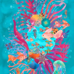 Oceanica by Christiane Marques for Robert Kaufman Aqua AQSD-22404-70 Ocean | Panel 24&quot; x 44&quot;|