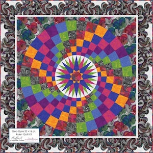 May include: A quilt kit featuring a colorful geometric design with a starburst in the center. The kit includes a ruler and is called "Geo-Gyre 32+16 pt. Ruler- Quilt Kit" by BG3 Adrine Leben.
