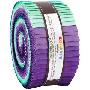 May include: A rolled bundle of fabric strips in shades of purple, teal, and green. The fabric is labeled "KONA Roll-Up cotton solids" with text about its uses for quilting and sewing. Each strip is approximately 2.5 inches wide.