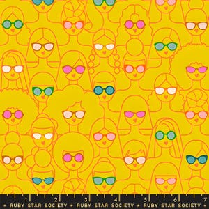 May include: A repeating pattern of stylized female figures with various hairstyles and sunglasses on a yellow background. The sunglasses are in shades of pink, green, blue, and white. The text "RUBY STAR SOCIETY" is at the bottom.