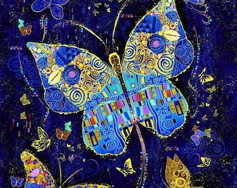 Wings of Gold by Chong-A-Hwang for Timeless Treasures Fabrics | Metallic Butterfly Panel CM2600 in Navy | Panel Size = 24&quot; x 44&quot;