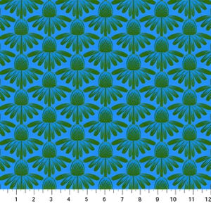 May include: A repeating pattern of green stylized flowers on a bright blue background. The flowers have a central cone shape with radiating petals. The design is evenly spaced across the fabric, creating a visually appealing and symmetrical pattern.