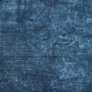 May include: A textured fabric with a blue and navy color scheme. The design features a grid-like pattern with a mottled effect, creating a layered appearance. The fabric's texture is visible, adding depth to the overall design.