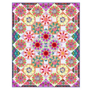 May include: A colorful quilt with a geometric pattern of pink, red, green, and yellow flowers. The quilt is made up of many different squares and triangles, and the flowers are arranged in a symmetrical pattern.