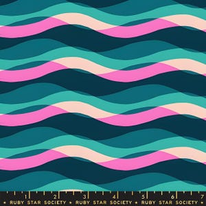 May include: A fabric featuring a repeating wave design in teal, pink, and cream hues. The waves overlap, producing a layered effect. The bottom of the image has text that reads "RUBY STAR SOCIETY".