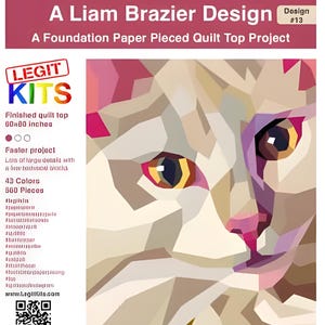 May include: A foundation paper pieced quilt top project called "Drum the Cat" by Liam Brazier. The design features a geometric illustration of a cat's face. The finished quilt top measures 203x203 cm.