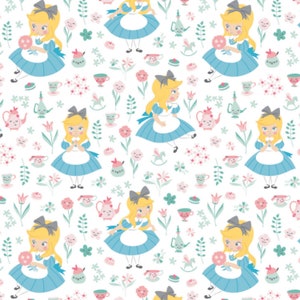 May include: A seamless pattern featuring a whimsical Alice in Wonderland theme. The pattern includes illustrations of Alice in a blue dress, teacups, flowers, and other whimsical elements. The background is white.