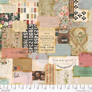 May include: A collage of vintage ephemera, including floral patterns, handwritten letters, and old advertisements. The design features a mix of soft colors like pink, beige, and blue, with text and numbers scattered throughout. The image includes a ruler with inch measurements.