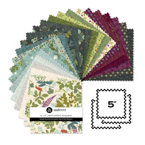 May include: A collection of 42 fabric squares, each 5" x 5", in various shades of green, blue, and burgundy. The fabric features floral and leaf patterns. The label reads "andover" and "Nordic Summer by Gudrun Era of GE Designs."
