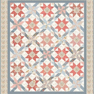 May include: A quilt with a patchwork design featuring a repeating pattern of blue and pink stars on a white background. The quilt has a border of a floral pattern in shades of blue and pink.