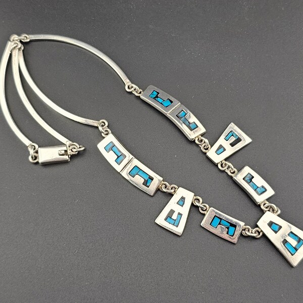 Vintage 925 Sterling Silver Mexico Turquoise Black Onyx Mosaic Inlay Aztec Necklace