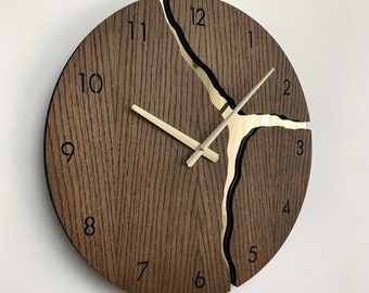 Modern Wall Clock with Golden Roman Numbers Silent Unique Wood Minimalist Wall Clock